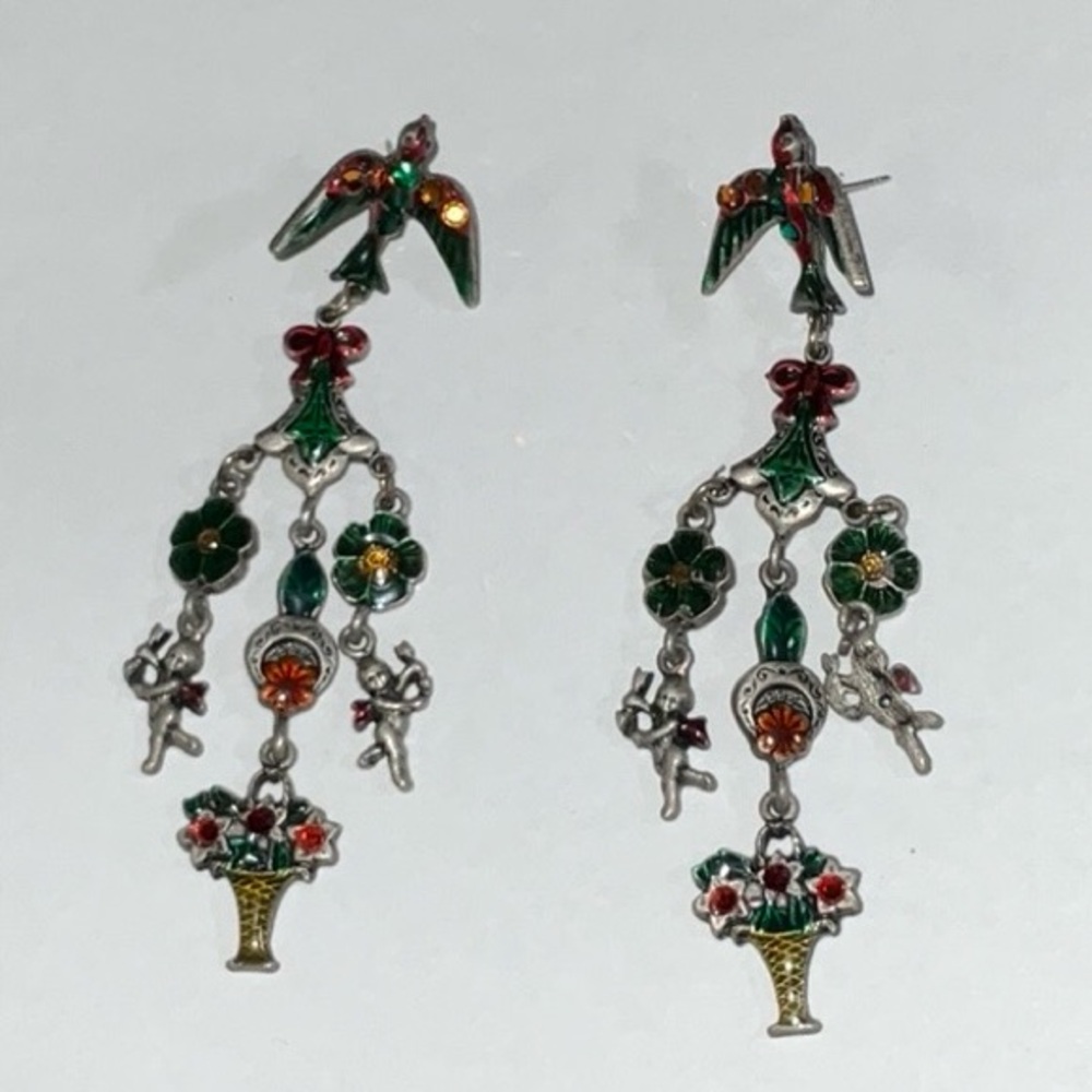 Vintage Don-Lin Chandelier Earrings Angels Enamel Rhinestone Dangle Statement - Picture 10 of 15
